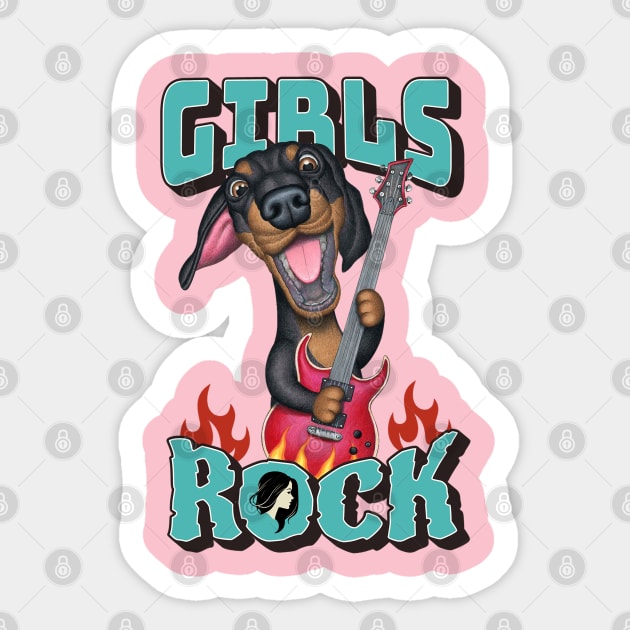 Fun Girls Rock with Dachshund Doxie Dog and guitar Sticker by Danny Gordon Art